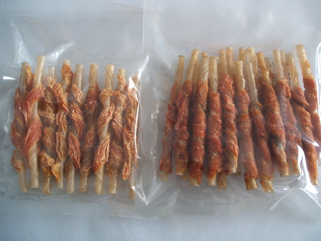 Dry chicken jerky with rawhide twisted